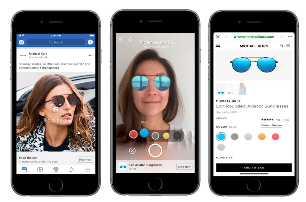 AR ads use augmented reality to create an interactive experience. Users can try out products virtually, like trying on sunglasses or makeup through their camera.