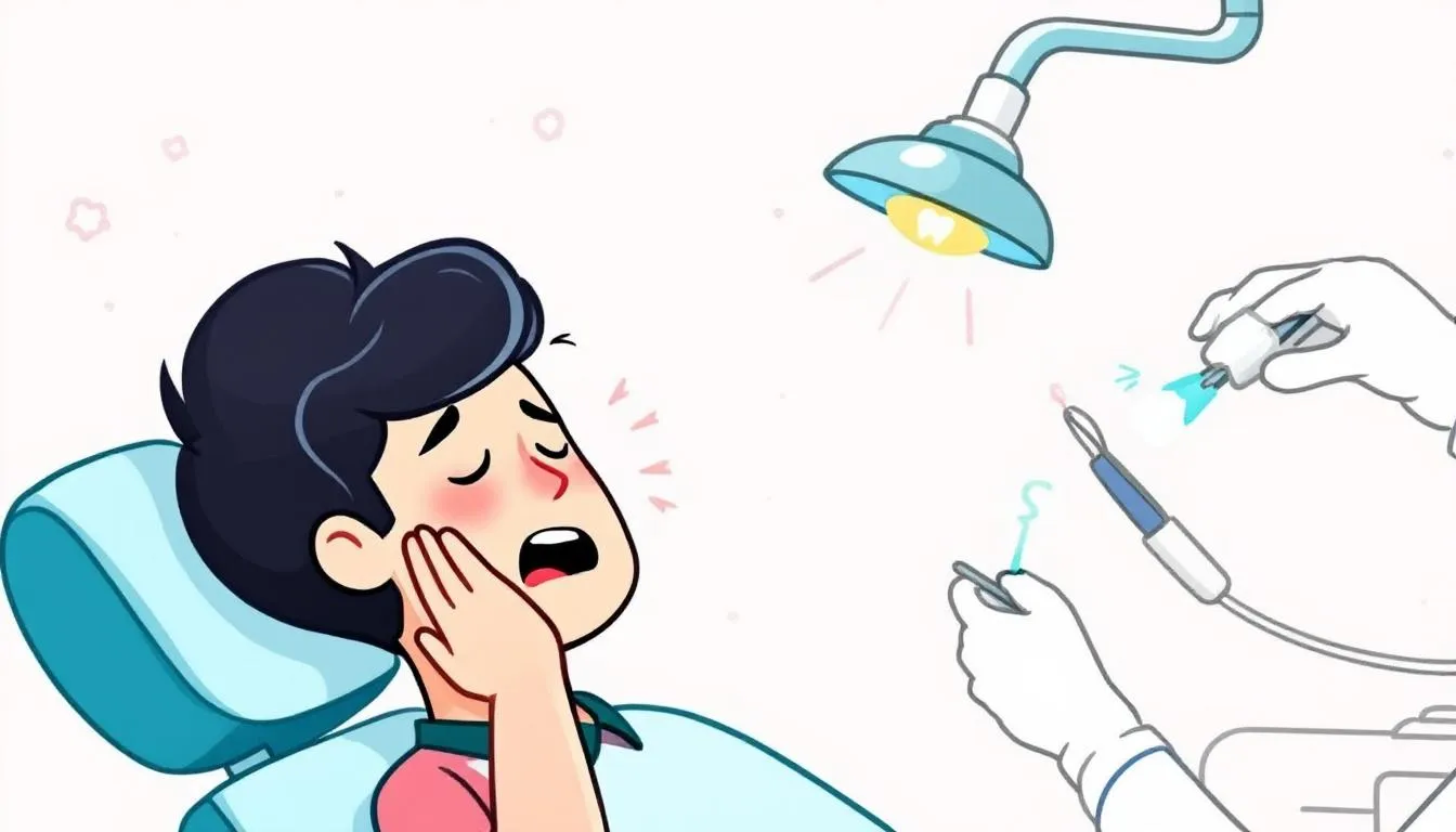 A dental emergency scenario showing a patient in pain, considering tooth extraction.