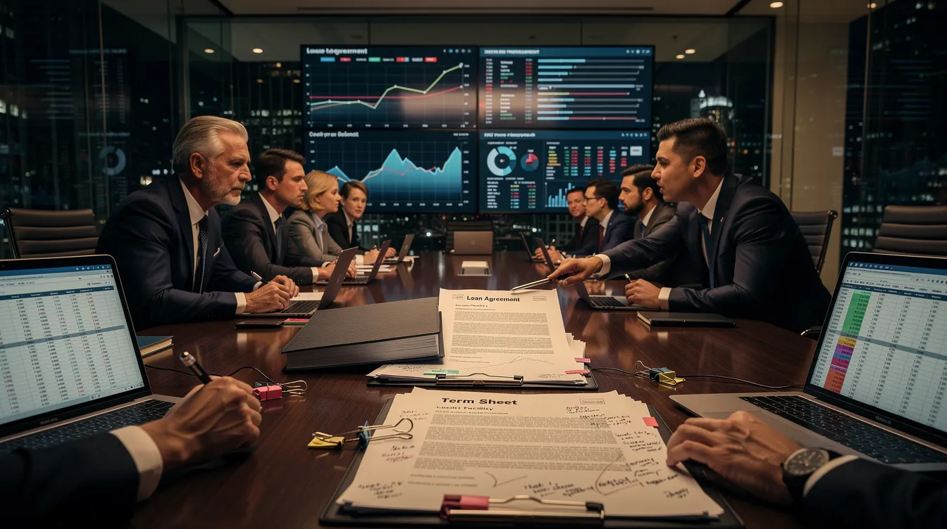 In a modern boardroom, elite transactional attorneys are engaged in high-stakes negotiations for a private credit transaction, surrounded by sophisticated financial documents like loan agreements and term sheets. Digital market data screens display vital information, emphasizing the strategic and polished nature of structured finance and direct lending as they collaborate with lenders and investment professionals.