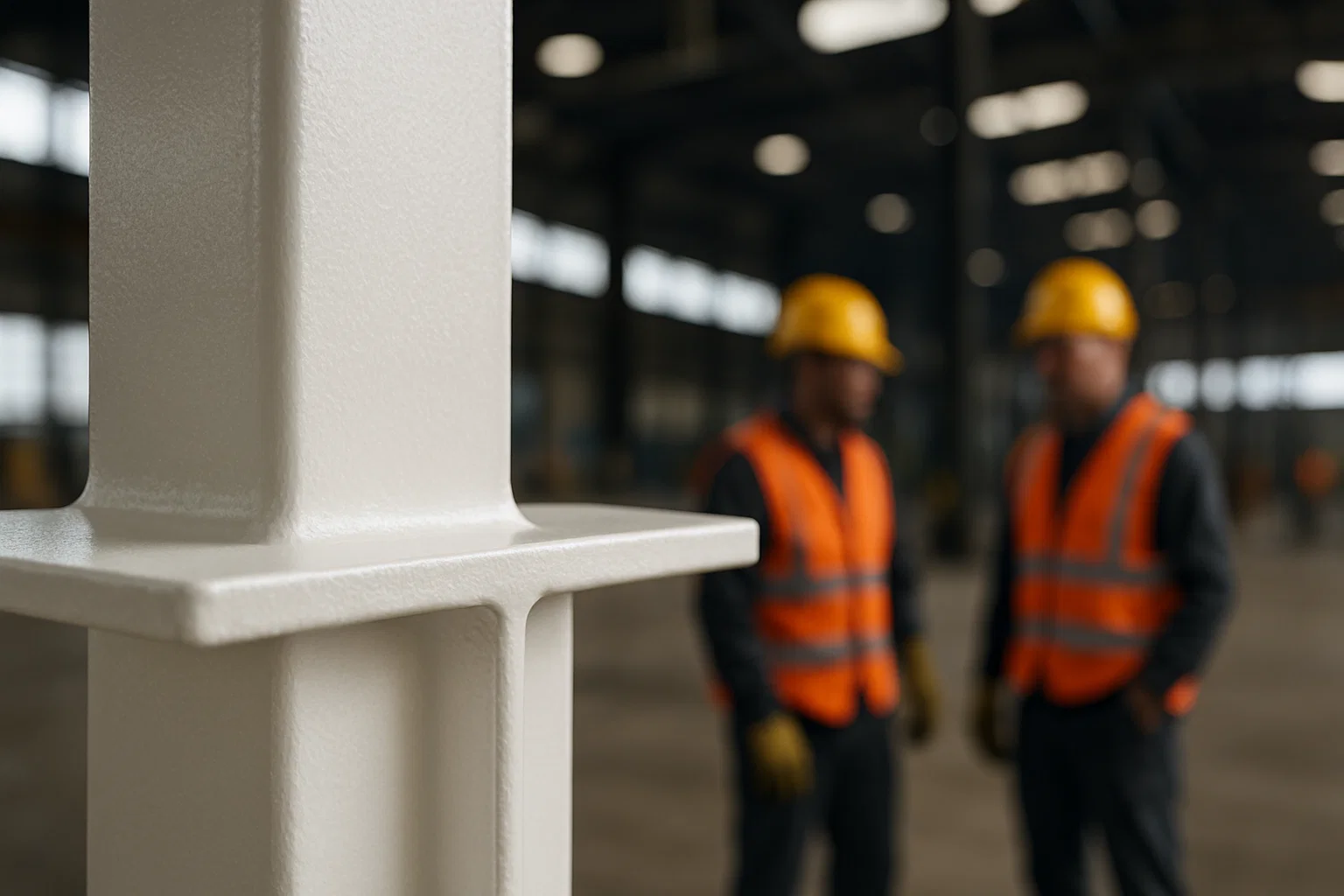 Close-up of a steel beam coated with intumescent paint inside a warehouse.
