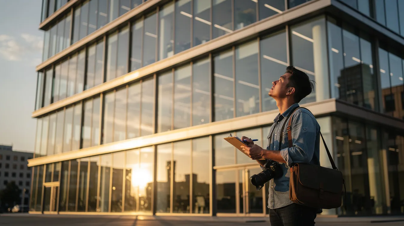 A location scout is closely examining a modern office building with large windows, assessing its suitability for a tv commercial production. The bright, open space offers ideal visual elements for creating an effective tv ad that resonates with the target audience.