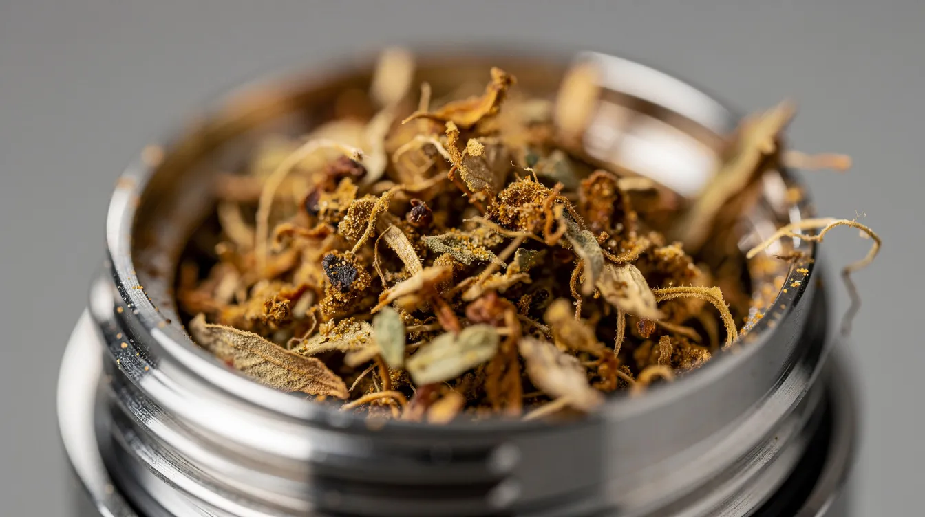 Die Abbildung zeigt eine Vaporizer-Kammer mit goldbraunem, bereits verdampftem Pflanzenmaterial, das auf die vorherige Nutzung hinweist. Dieses verdampfte Material, auch bekannt als AVB (Already Vaped Bud), kann für die Herstellung von Cannabis-Edibles oder anderen Anwendungen genutzt werden.