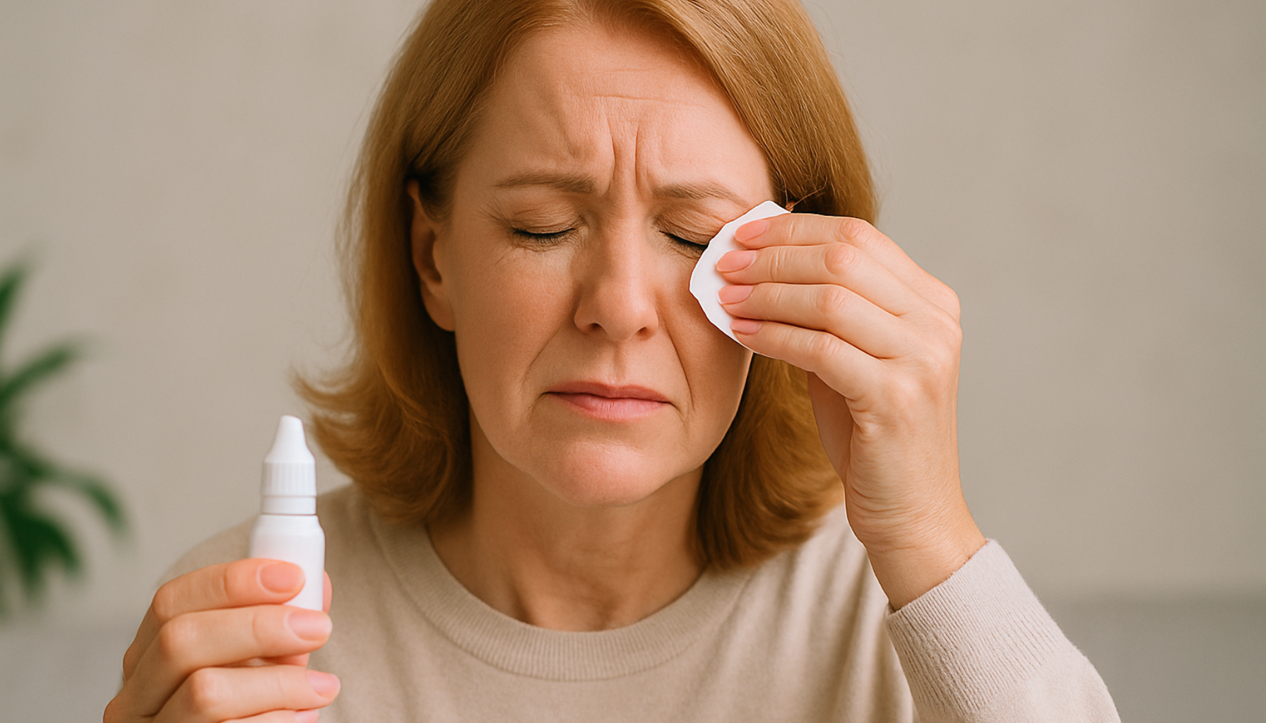 Kvinne med tørre øyne holder øyedråper og presser en klut mot øyet for lindring.
