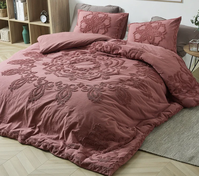 soft red boho bedding with textured design