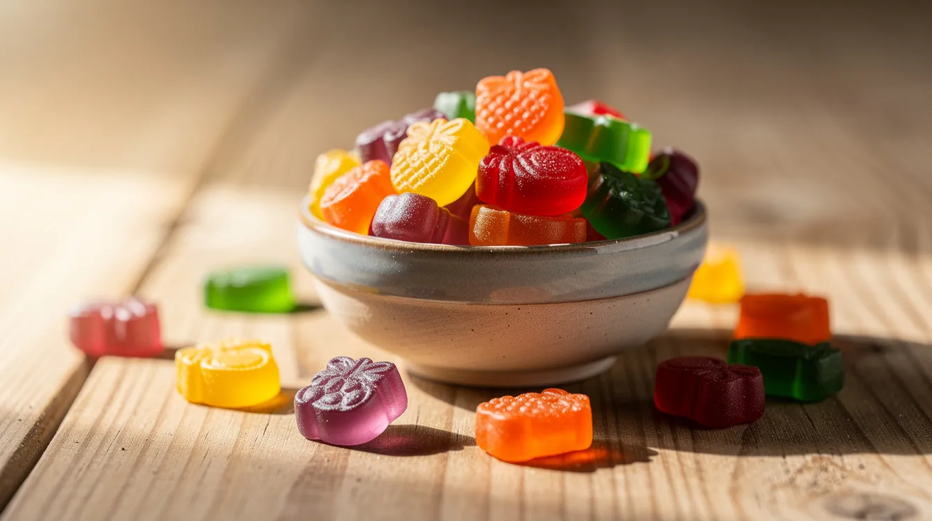 A vibrant bowl filled with colorful fruit-flavored mushroom gummies sits on a wooden table, showcasing a variety of shapes and hues. These gummies, which offer potential health benefits from functional mushrooms like reishi and lion's mane, are designed to support immune function and cognitive health in a delicious, vegan-friendly form.