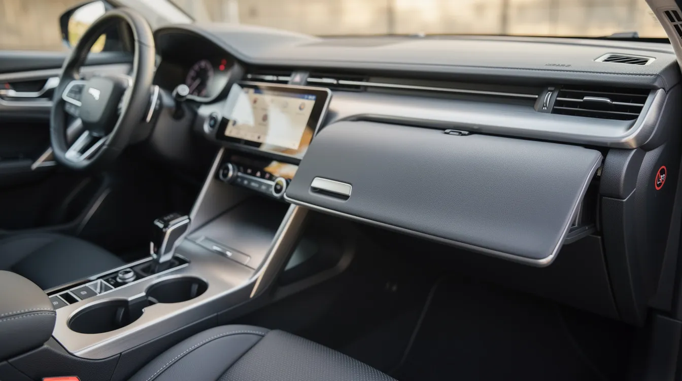 The image depicts the interior of a car, focusing on a closed glove compartment and center console, which may contain items related to gun safety and the storage of a concealed handgun permit, reflecting the importance of complying with Virginia gun laws. The scene suggests an environment where law-abiding citizens might keep their lawfully possessed firearms secure while driving.