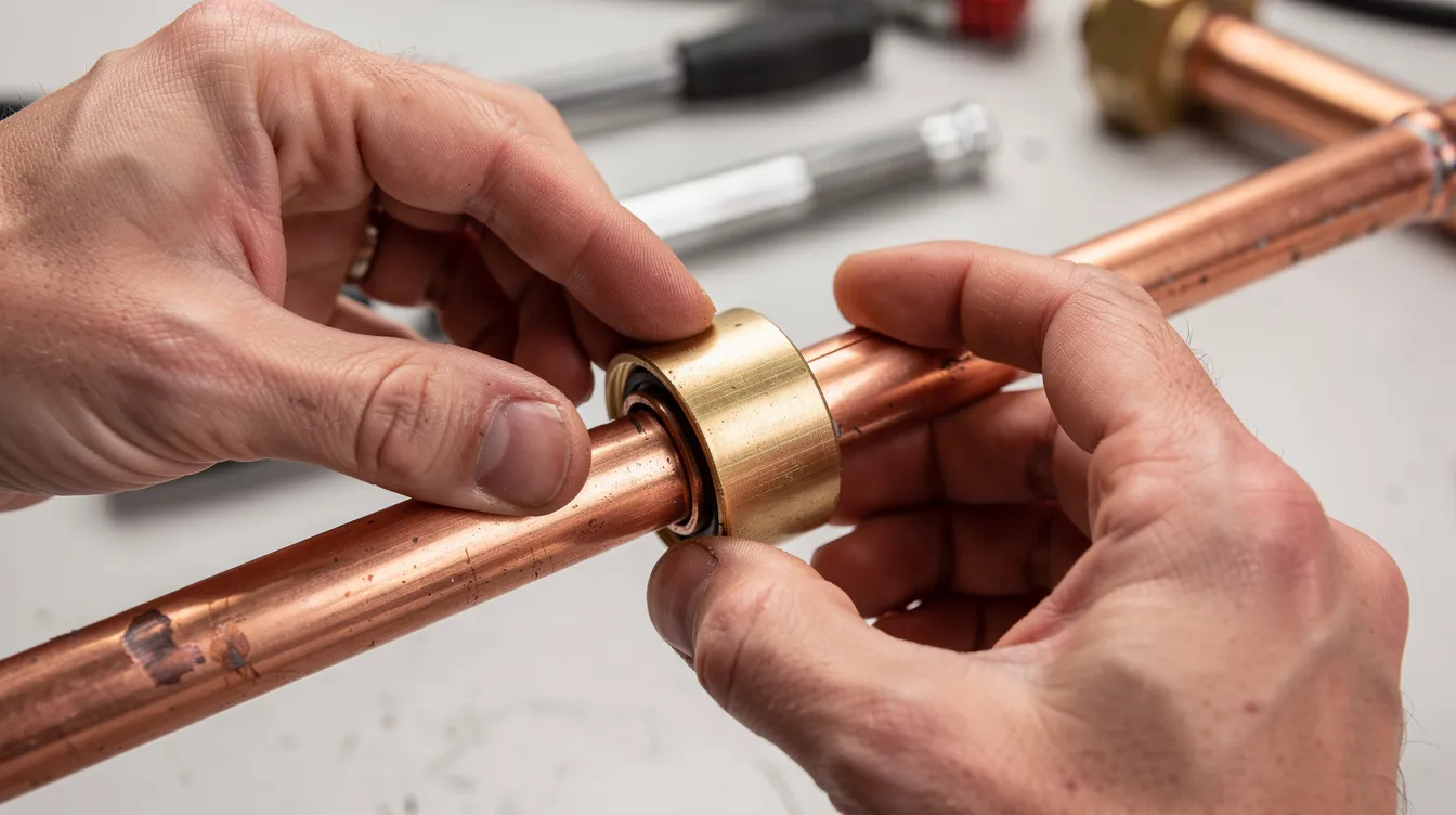 A close-up image shows a plumber installing a push-fit coupling onto a copper water supply pipe, demonstrating a step in the process of repairing plumbing pipes. The focus is on the fitting as it is properly attached to ensure a secure connection for effective water flow in the plumbing system.