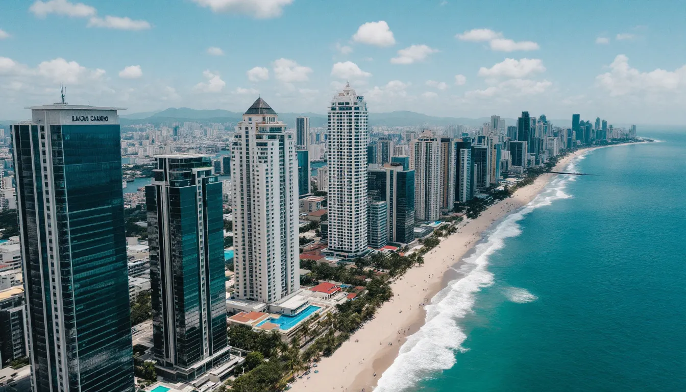 Uma vista aérea de Balneário Camboriú revela uma impressionante linha de arranha-céus ao longo da costa, destacando os prédios mais altos do Brasil, como o One Tower, que se ergue majestoso em meio a outros edifícios altos. A imagem captura a beleza da Avenida Atlântica e a arquitetura moderna que caracteriza esta cidade de Santa Catarina.