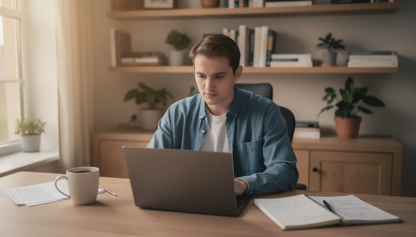 A person is seated at a desk in a home office, intently researching on a laptop computer, surrounded by books and documents related to their academic pursuits. This setting reflects the diligence and professionalism often associated with obtaining a doctorate degree or other qualifications through online university programs.