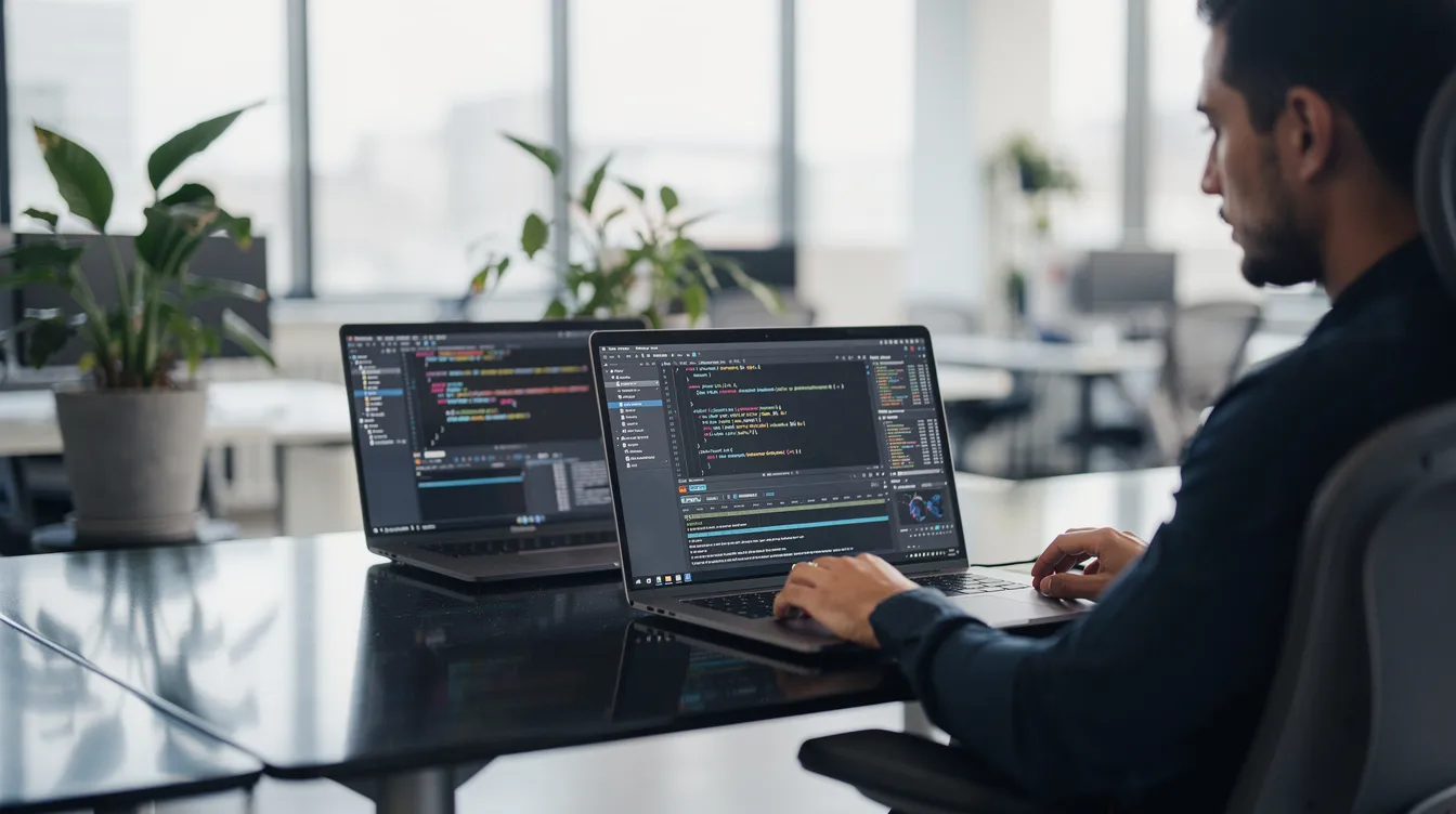 A developer is focused on their laptop, surrounded by a modern workspace filled with multiple open code windows, reflecting a high-performance environment suitable for tasks like managing virtual private servers and vps hosting in Germany. The scene captures the essence of a tech-savvy professional engaged in coding, emphasizing the importance of reliable vps hosting and dedicated resources for optimal productivity.