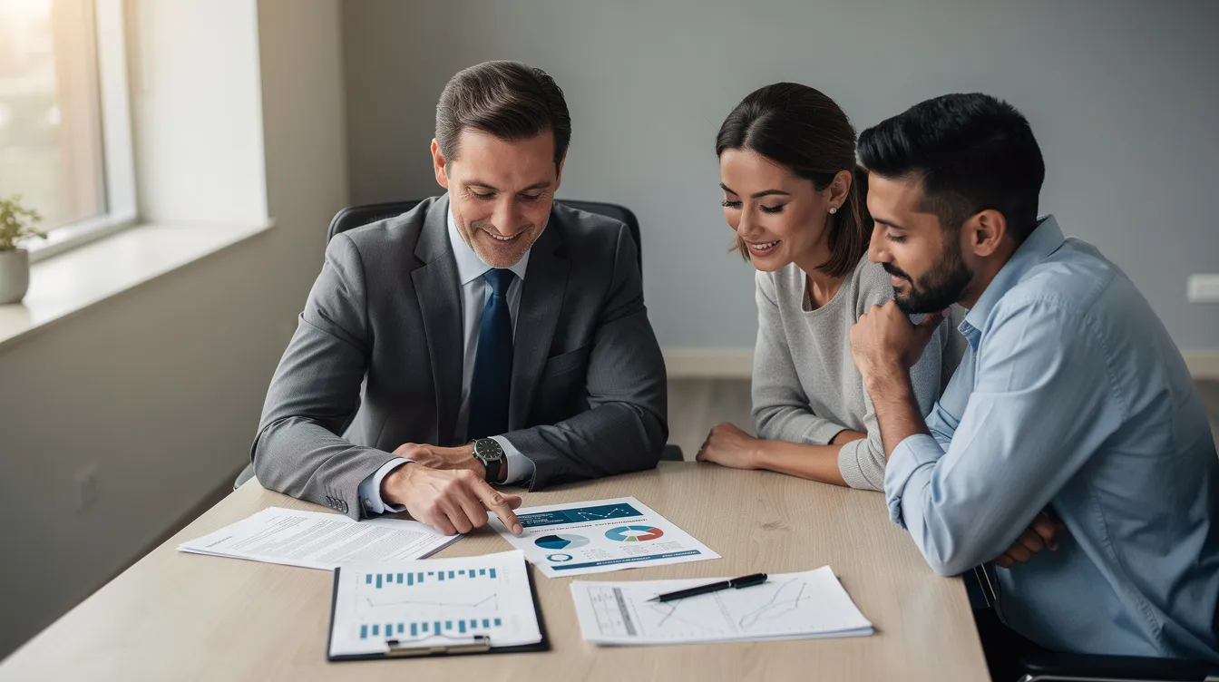 The image shows a professional financial advisor reviewing estate planning documents with a couple at a table, discussing their customized estate plan to protect their assets and ensure their wishes are fulfilled for their loved ones. The setting reflects a serious and collaborative atmosphere, highlighting the importance of the estate planning process.