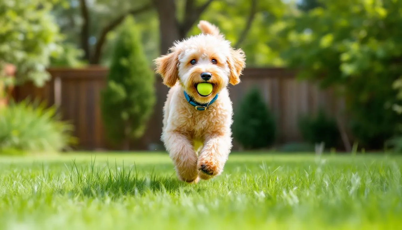 A playful goldendoodle is joyfully fetching a ball in a lush grassy yard, showcasing its energetic and active nature. This scene highlights the breed