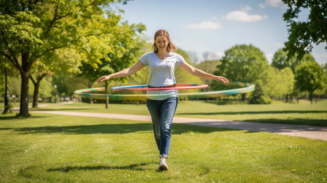 Eine Person geht fröhlich in einem sonnigen Park und hält einen kreisenden Hula Hoop Reifen mit beiden Händen. Diese Szene zeigt das Hula Hoop Training als spaßige Fitnessaktivität, die die Körpermitte und die Core Muskulatur stärkt.