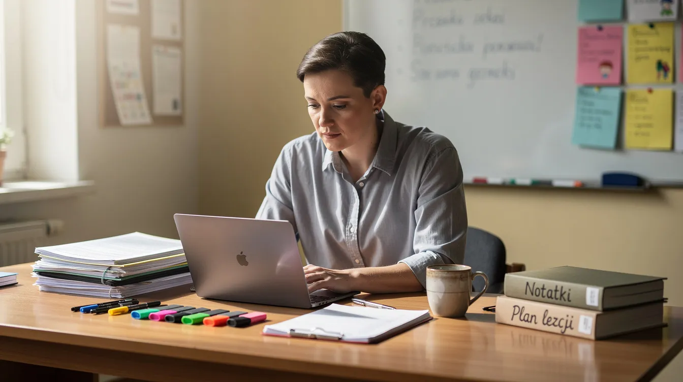 Na obrazku widoczny jest nauczyciel pracujący przy biurku, na kt&oacute;rym leżą dokumenty oraz laptop. Osoba ta zajmuje się przygotowaniem sprawozdania z realizacji planu rozwoju zawodowego, co jest istotne w kontekście uzyskiwania stopnia nauczyciela mianowanego.