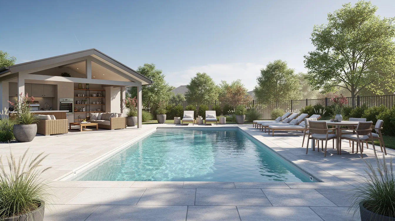 The image depicts a sunny backyard oasis featuring a spacious pool area with a covered pool house structure, outdoor seating arrangements, and a large deck, perfect for hosting FIFA World Cup watch parties and entertaining guests. The inviting space is designed for relaxation and enjoyment, making it an ideal location for summer gatherings.