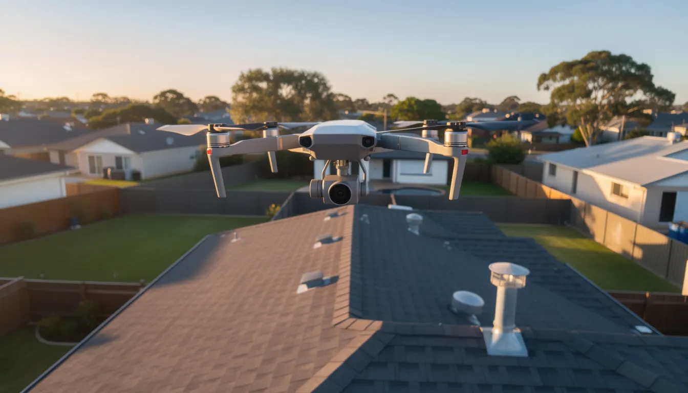 A drone is hovering above a residential rooftop, capturing aerial footage for a roof inspection. This image highlights the inspection process, allowing for a thorough assessment of the roof's condition and identification of potential issues.