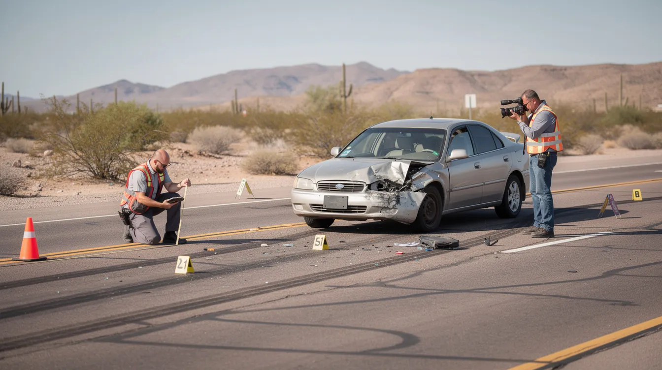 The image depicts a realistic accident investigation scene in Phoenix, Arizona, where professional investigators are meticulously documenting a crash site. They are using measuring tape and camera equipment to collect evidence, with visible skid marks on the asphalt and a damaged vehicle in the background, highlighting the serious nature of motor vehicle accidents and the potential for spinal cord injuries.