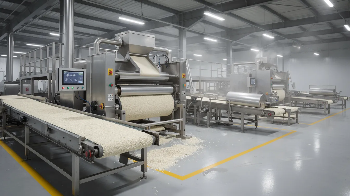 a1b521c7 3b12 44ba 933d 69c8e0c24255 The image depicts industrial rice flakes processing machinery, featuring conveyors and flaking rollers within a factory setting, highlighting the manufacturing process of poha. This setup is essential for micro food processing enterprises, showcasing equipment that efficiently transforms raw paddy into flattened rice.