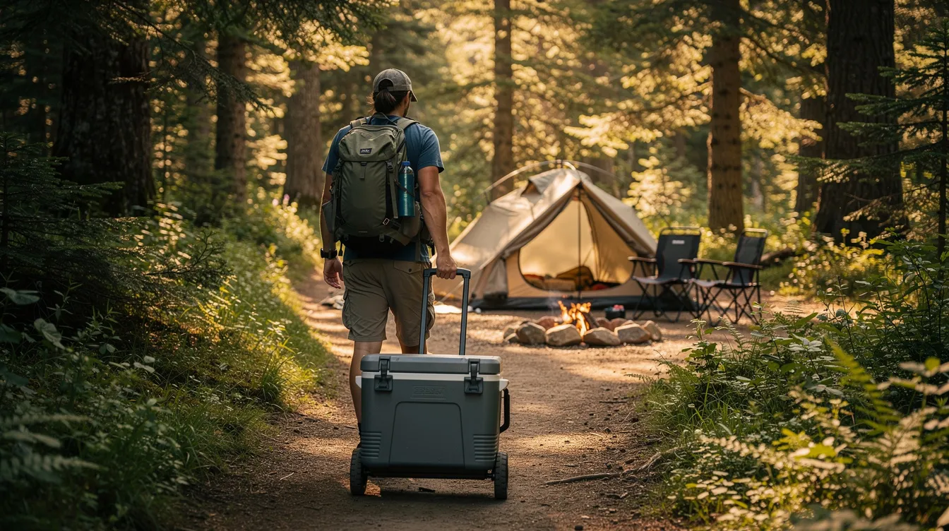 A person is pushing a wheeled portable freezer cooler along a forest trail, heading towards a campsite. This battery-powered cooler is designed for outdoor adventures, featuring precise temperature control to keep drinks cold and food refrigerated during weekend trips.