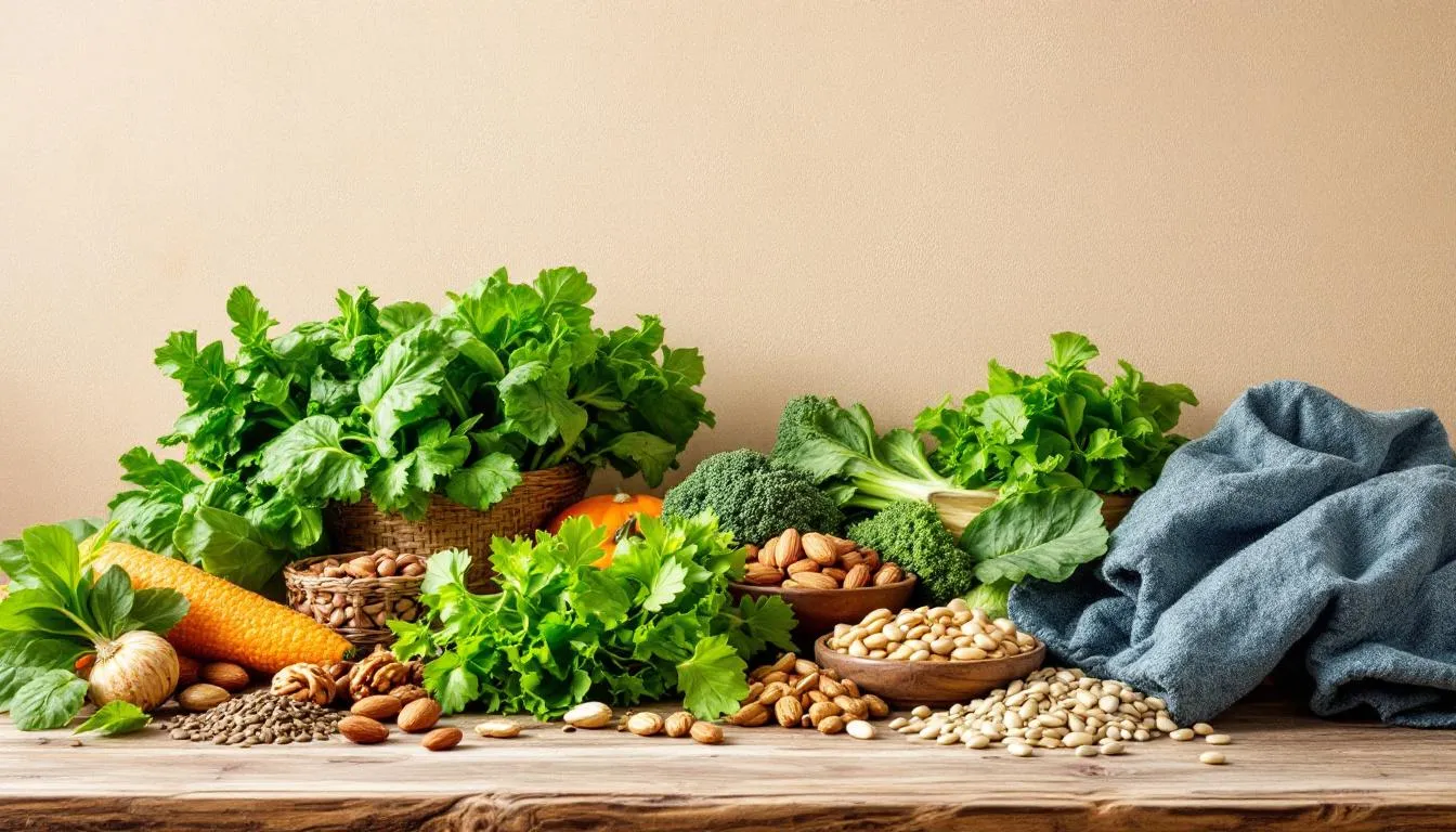 An assortment of colorful magnesium-rich foods is displayed, featuring vibrant leafy greens, various nuts, and seeds, emphasizing the importance of a healthy diet for adequate magnesium intake. These foods are essential for maintaining optimal magnesium levels, which support muscle function, heart health, and overall metabolic health.