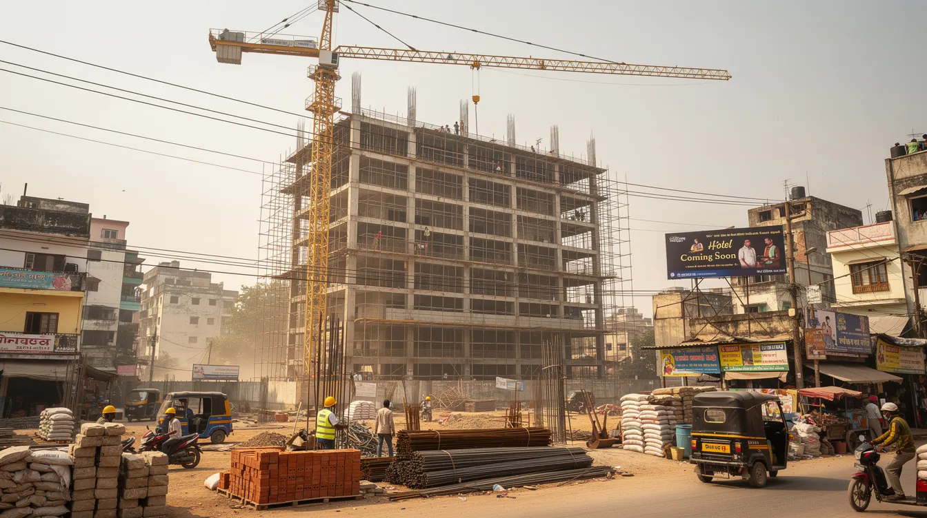 a1b73261 d104 4f55 afa4 3607905b1107 The image depicts an under-construction multi-storey hotel building in an Indian city, surrounded by cranes and scaffolding, highlighting the ongoing development in the hospitality sector. This construction site represents a significant investment in the hotel business, reflecting the project's financial health and the complexities of project management within the hospitality industry.