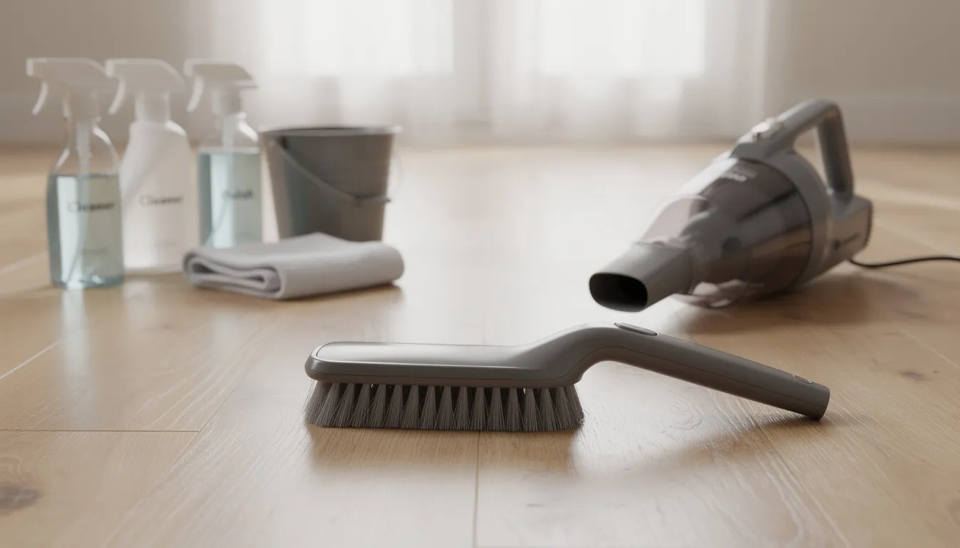 A soft bristle brush and a handheld vacuum rest on a wooden floor next to various cleaning supplies, suggesting tools for maintaining a clean sauna environment. These items are essential for routine checks and care to ensure the sauna's interior remains free from dust and dirt, enhancing the overall sauna experience.