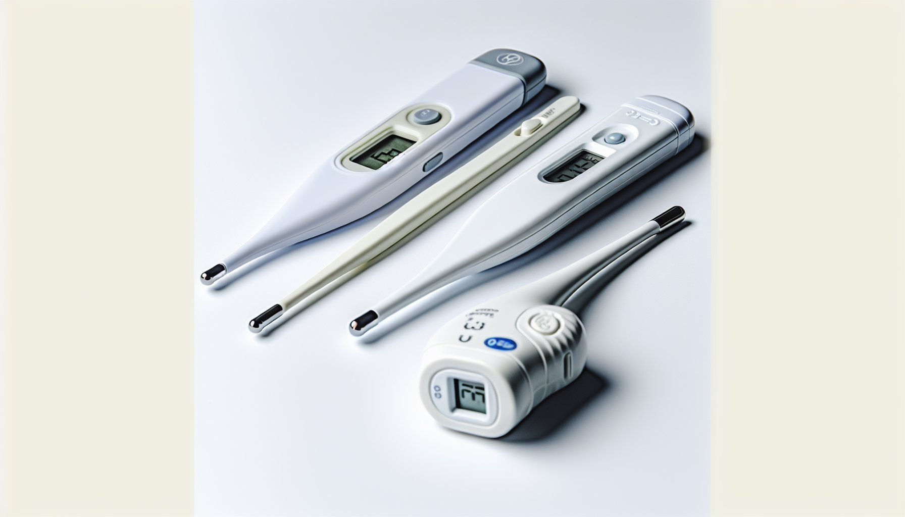 Variety of thermometers including digital stick, infrared, and temporal artery thermometers