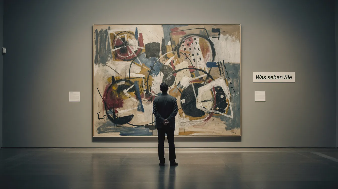 Eine nachdenkliche Person steht in einem Museum vor einem großen abstrakten Gemälde und betrachtet es intensiv. Neben ihr befindet sich ein kleines Schild mit der Frage "Was sehen Sie?", das zur subjektiven Auseinandersetzung mit dem Kunstwerk anregt.