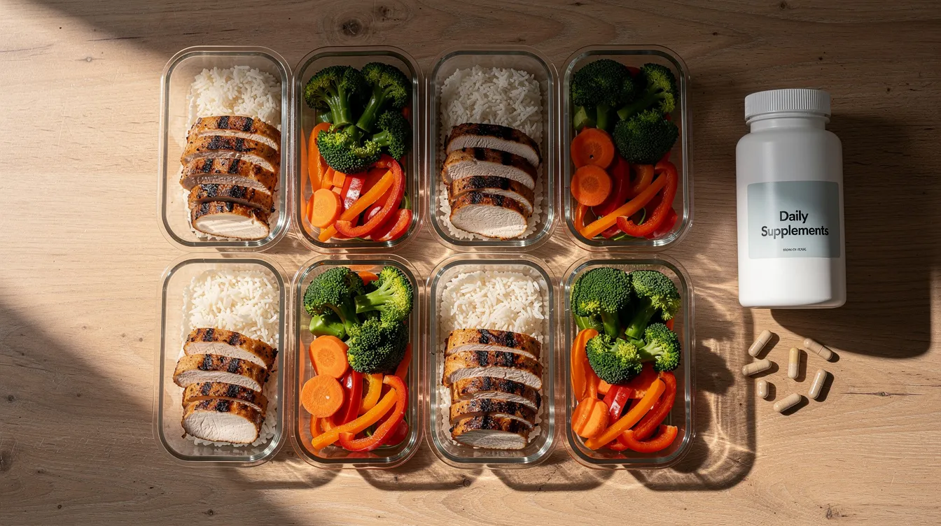 The image depicts a meal prep setup featuring grilled chicken, rice, and colorful vegetables arranged neatly in containers, accompanied by a bottle of supplement capsules on the side, highlighting a focus on balanced nutrition for muscle growth and overall vitality. This setup is ideal for fitness enthusiasts looking to enhance natural testosterone production and support their active lifestyle.