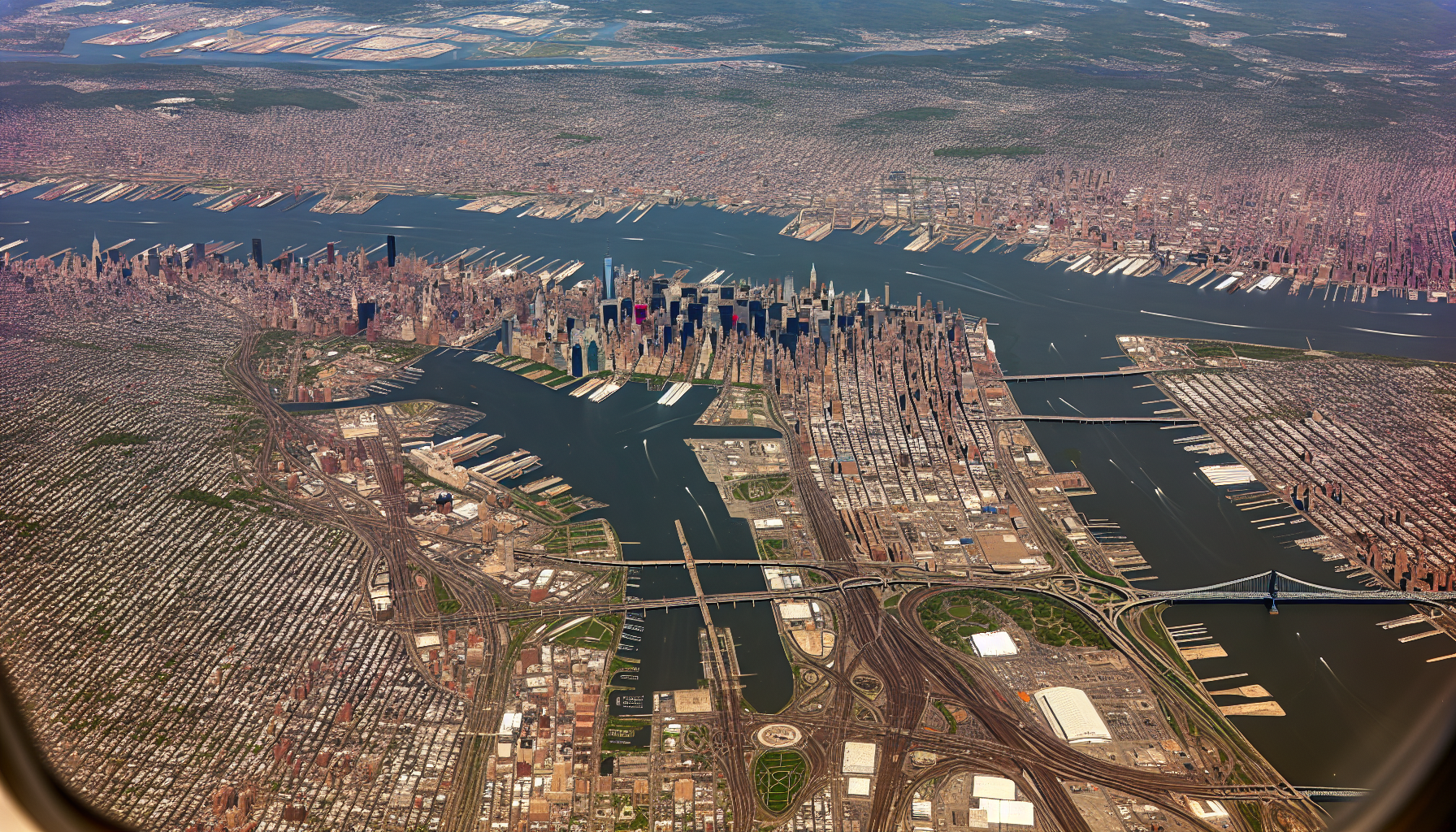 Aerial view of Manhattan skyline with transportation routes to Newark Airport