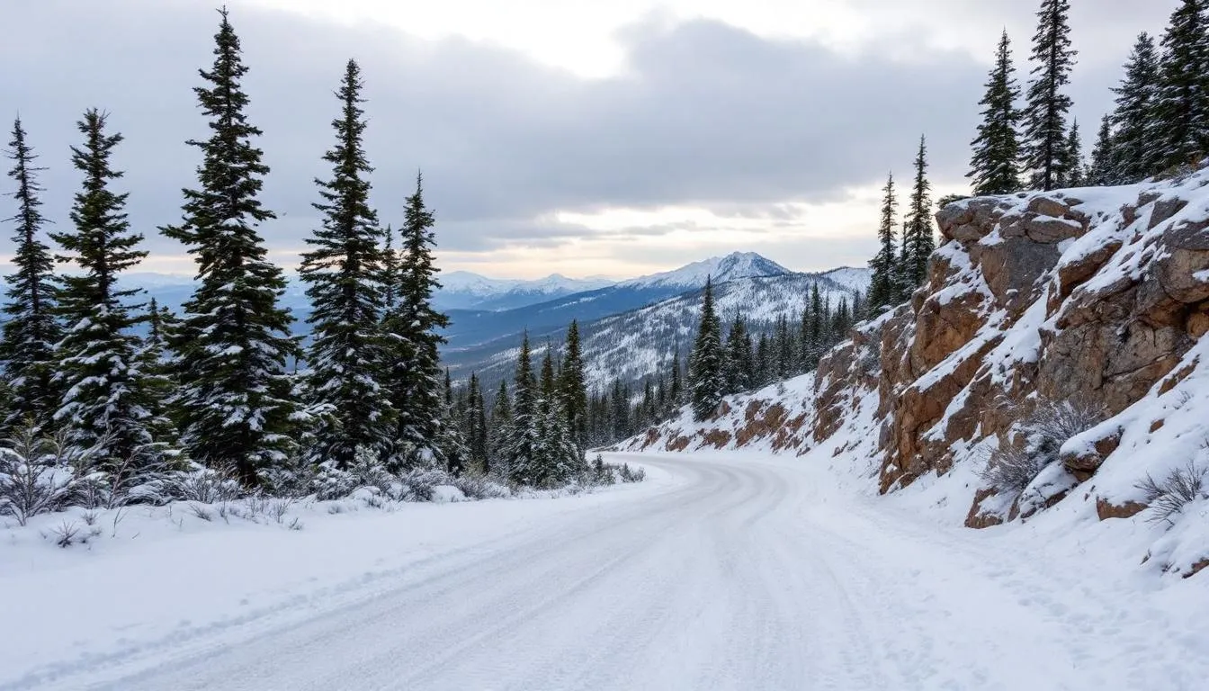 A winding mountain road leads through a snowy landscape, guiding visitors up to the Brian Head Resort, a popular ski resort in southern Utah. The scene showcases the serene beauty of the mountains blanketed in snow, inviting skiers and families to enjoy the winter activities available at this high-elevation destination.