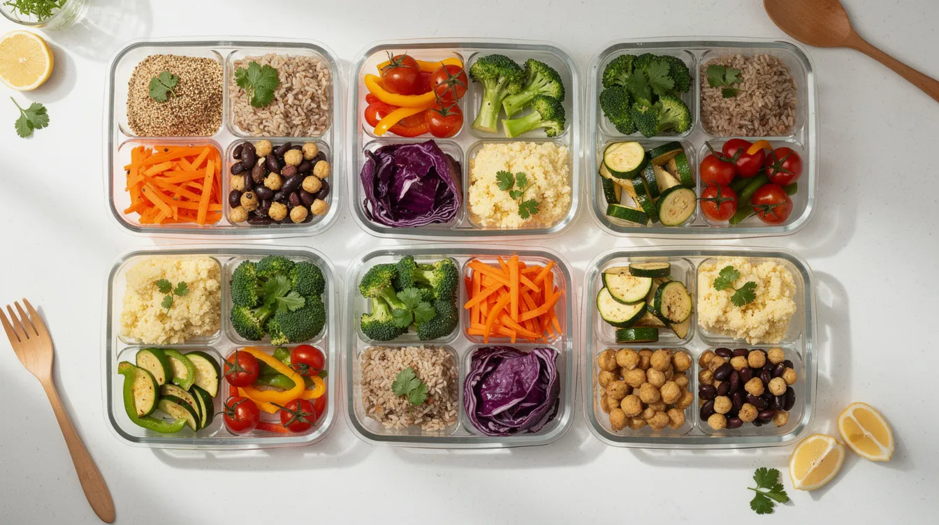 The image showcases meal prep containers filled with vibrant, nutrient-dense vegan meals, featuring a variety of whole grains, colorful vegetables, and legumes, promoting a healthy plant-based diet. This visually appealing arrangement highlights the benefits of a balanced dietary pattern that supports overall health and well-being.