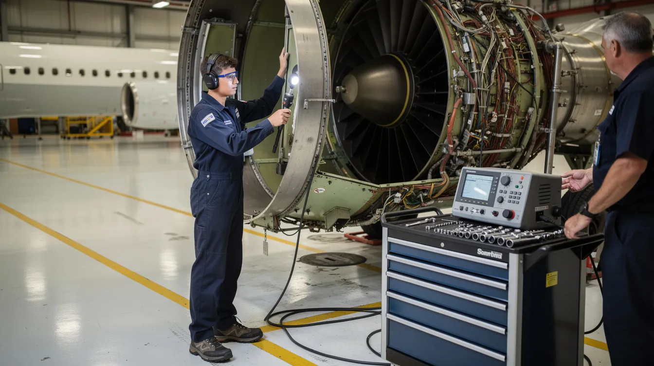 An aircraft mechanic apprentice is working diligently beside a large aircraft engine in a hangar, surrounded by various tools and equipment essential for aviation maintenance. This hands-on experience is part of their apprenticeship program, providing valuable training in aircraft repair and maintenance systems.