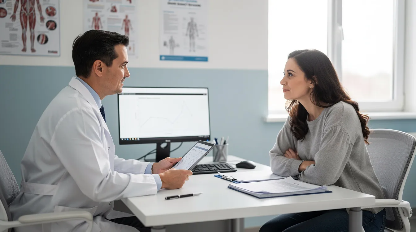 A healthcare professional is seated at a desk, discussing test results with a patient, who appears engaged and attentive. This interaction highlights the importance of addressing cognitive function and mental health conditions, as symptoms like brain fog and memory problems can significantly affect daily life.