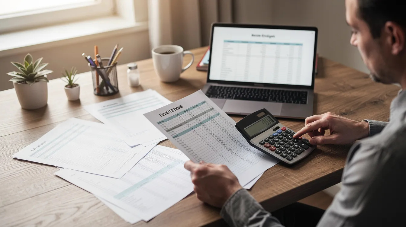 A person is seated at a desk surrounded by financial documents, a calculator, and various papers, analyzing their options for investment property financing and considering using a home equity line of credit for a down payment. The scene highlights the importance of understanding monthly payments, interest rates, and the potential for rental income in real estate investing.