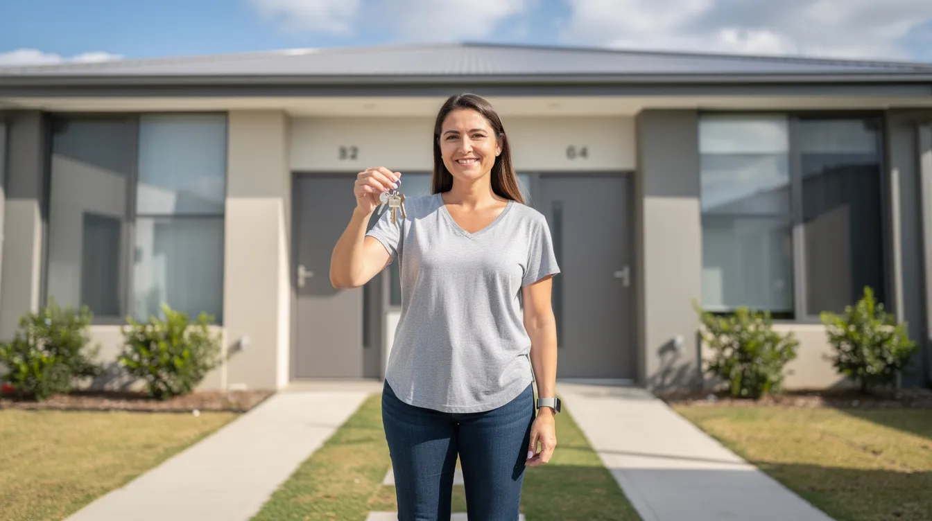 A confident person stands outside a duplex apartment building, holding a set of keys, symbolizing their success in real estate investing. This image captures the essence of becoming a property owner and the potential for rental income through investment properties.
