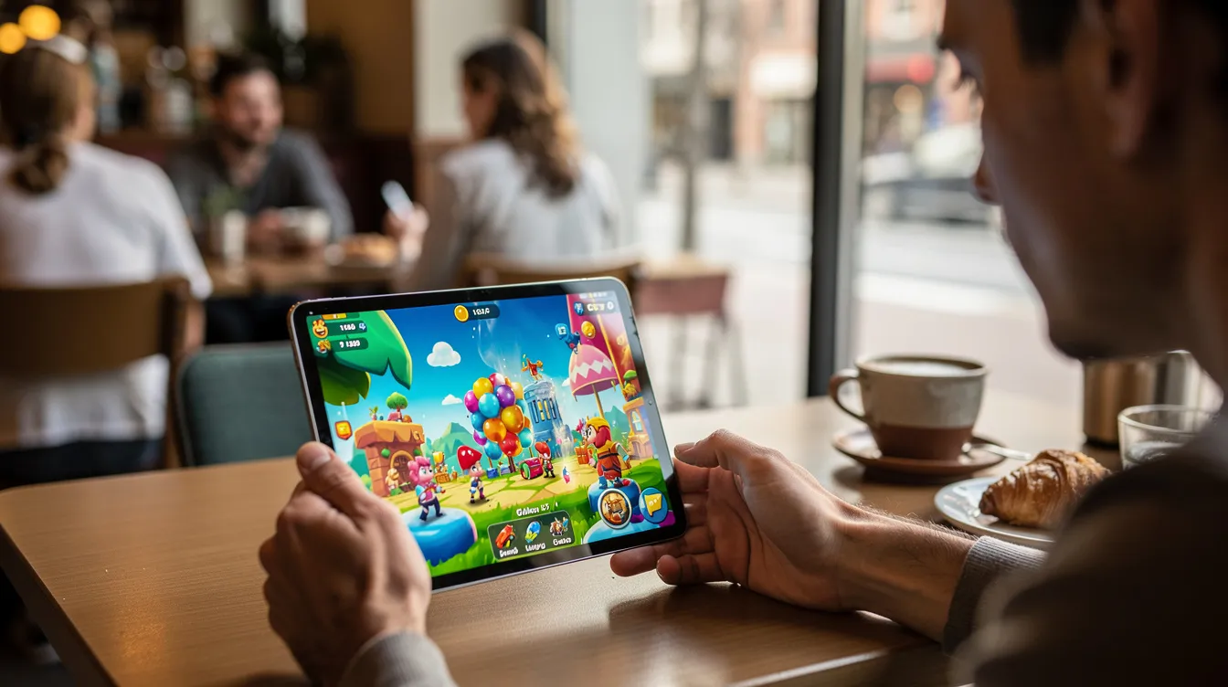 A person is sitting at a cafe table, playtesting a colorful game on a tablet device. The scene captures the excitement of game development as they interact with the playable experiences and vibrant art style on the screen.