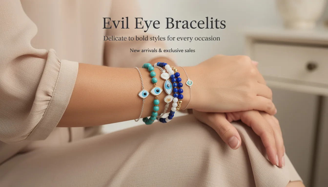 The image showcases a collection of elegant evil eye bracelets designed for women, featuring a variety of styles from delicate silver pieces to vibrant beaded designs. These accessories are perfect for adding a touch of sophistication to any outfit and are ideal for customers looking to elevate their look while supporting small businesses.