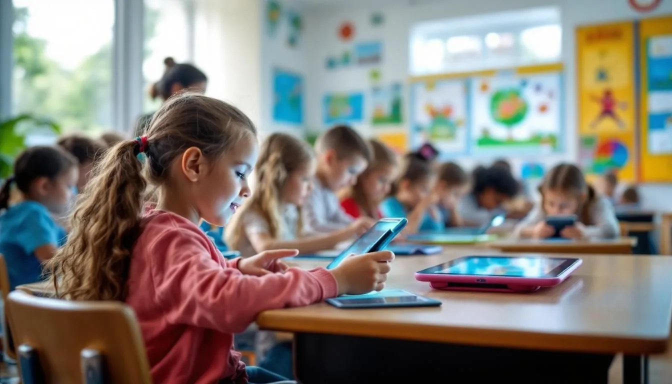 Niños interactuando en una plataforma de aprendizaje, donde participan en juegos educativos y lecciones de matemáticas, fomentando su educación a través de actividades interactivas. La imagen muestra a los estudiantes concentrados en sus dispositivos, aprendiendo de manera divertida.