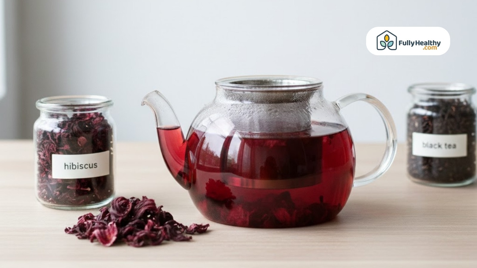 Woman holding leashed dog beside blooming hibiscus shrub in backyard
