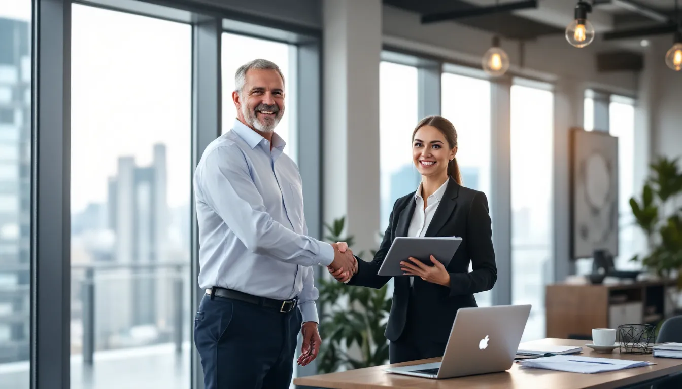An image of a small business owner discussing options with a business loan broker, both appearing engaged and professional, representing a legitimate business loan company. The setting suggests a trustworthy environment, highlighting the importance of working with reputable lenders to avoid potential loan scams.