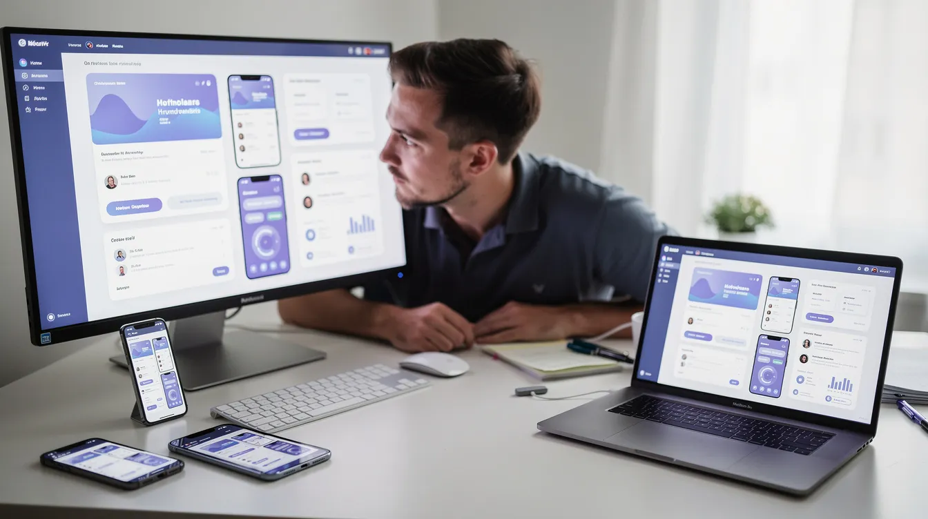 A developer is reviewing generated app screens displayed on multiple devices, showcasing the user interface of various web apps created using an AI app builder. The scene highlights the process of app development, emphasizing the visual editor and the potential for non-technical users to build complex apps effortlessly.