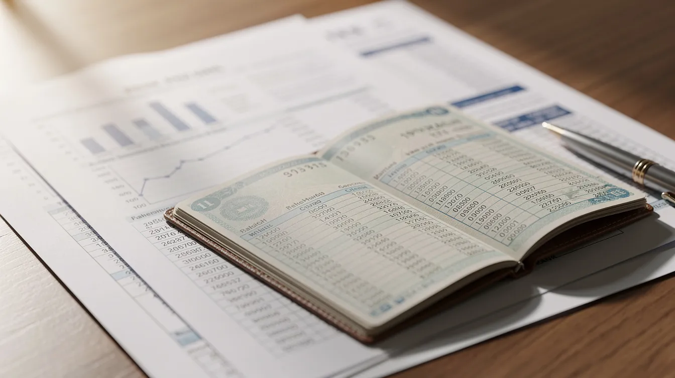 a1cc22fd 652b 46d3 8208 7e54b9c6f9d3 A close-up view of financial documents and a bank passbook is displayed on a wooden table, highlighting important information for eligible borrowers seeking financial assistance from a bank or financial institution. The documents may include details related to successfully repaid previous loans and the applicant's satisfactory credit track record, essential for obtaining mudra loans for micro enterprises.
