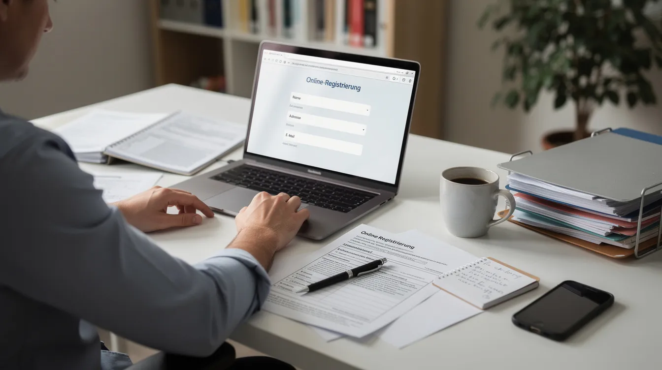 Eine Person sitzt an einem Schreibtisch mit einem Laptop und mehreren Unterlagen, während sie sich online für den Zugang zu Finanzdienstleistungen registriert. Auf dem Tisch sind Dokumente und Informationen zur Anmeldung bei fonds finanz maklerservice gmbh zu sehen.