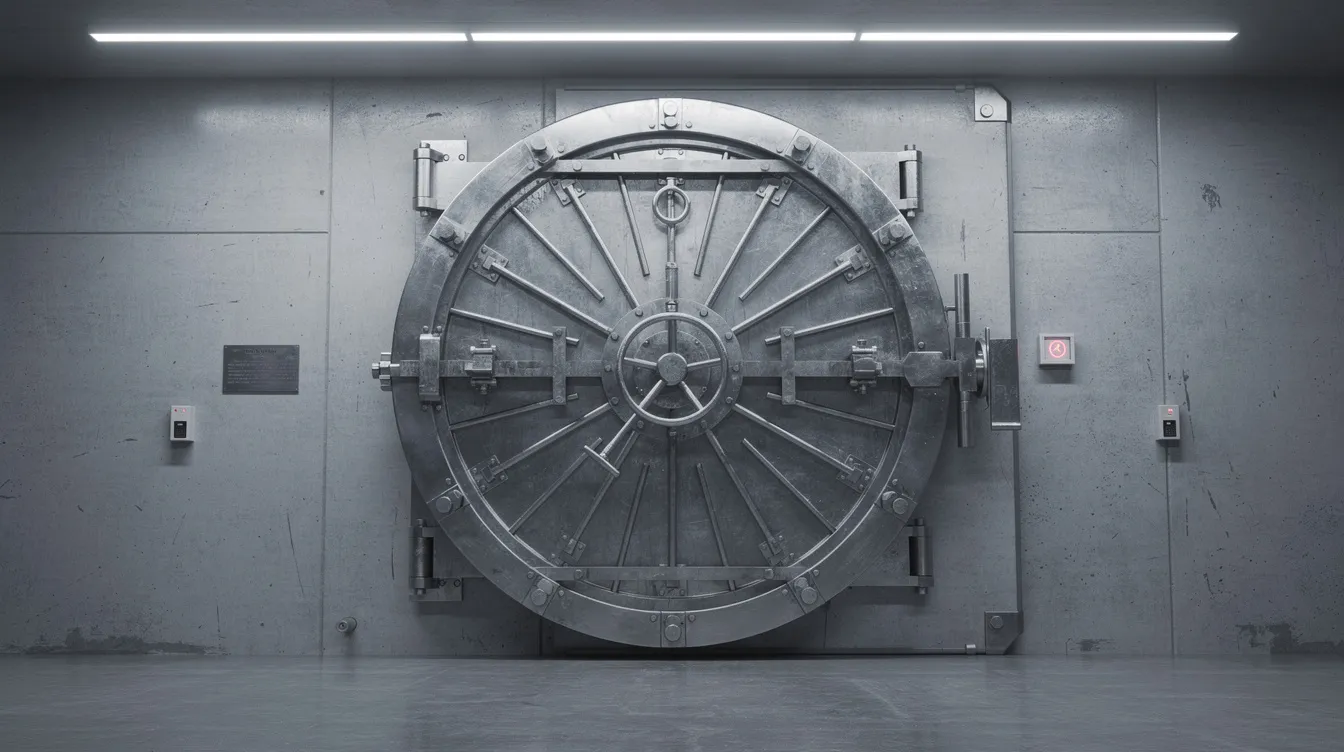 The image depicts a heavy vault door in a secure depository facility, symbolizing the protection of physical precious metals investments such as gold and silver coins. This secure environment is essential for safeguarding assets in the precious metals market, ensuring the safety of retirement savings and investment strategies.