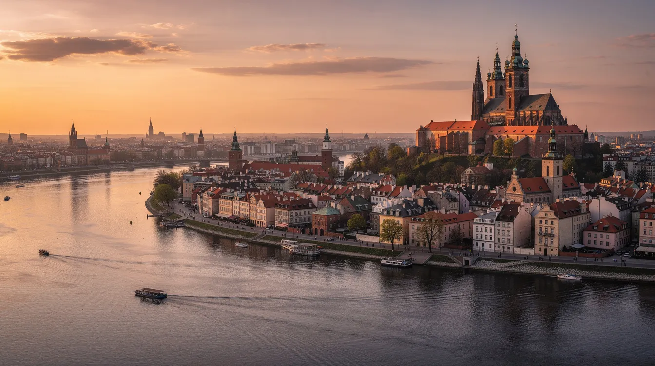Vista panorâmica de Cracóvia ao entardecer, com o rio Vístula refletindo as cores do céu e a imponente Colina de Wawel ao fundo, cercada por telhados medievais que compõem o centro histórico da cidade. A cena evoca a rica história da Polônia, destacando a beleza arquitetônica e a atmosfera encantadora da capital polonesa.