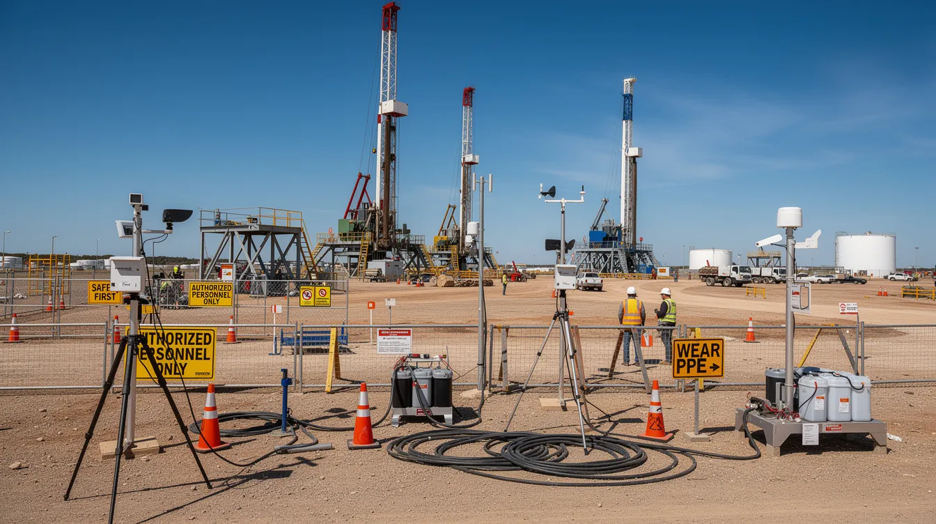 The image depicts an industrial drilling site featuring environmental monitoring equipment and clear safety signage, set against a bright blue sky. This scene reflects the oil and gas industry’s commitment to safety and environmental responsibility in its operations.