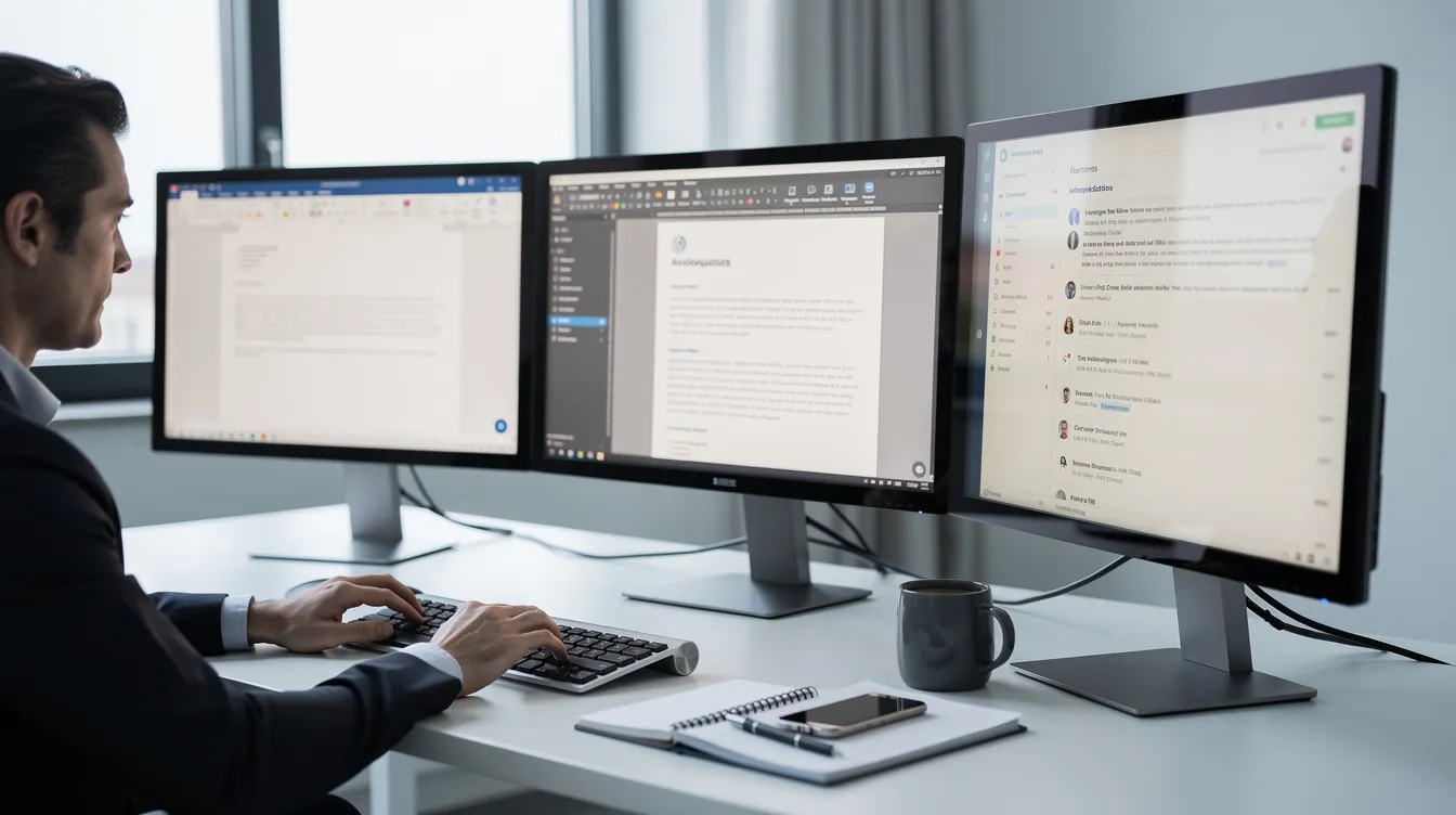 A professional sits at a desk equipped with multiple monitors displaying document editing and email communications software, showcasing a modern workspace that emphasizes collaboration tools and digital marketing strategies. This setup reflects the integration of technology in business processes, aiming to optimize workflows and enhance brand visibility.