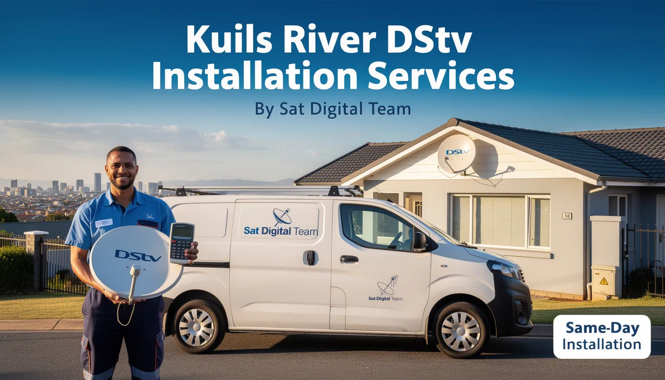 The image showcases the Sat Digital Team providing DStv installation services in Kuils River, featuring skilled technicians setting up a satellite dish and decoder for optimal signal strength. This professional installation aims to ensure uninterrupted viewing with excellent client service.