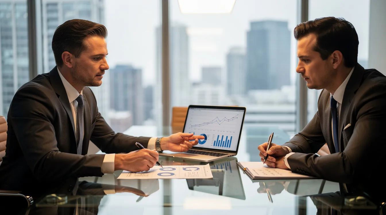 The image depicts a professional financial advisor seated across a conference table from a client, as they review financial projections together. This interaction highlights the importance of retirement planning, including strategies for saving money and managing expenses for a secure future.